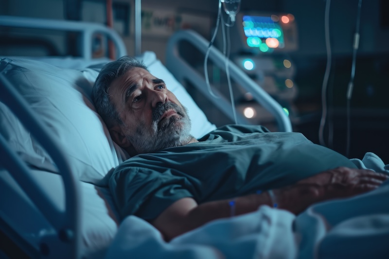 Elderly male patient lies contemplatively in a hospital bed at night, surrounded by medical equipment, highlighting the solitude and seriousness of intensive therapy in a healthcare setting estate planning mandate