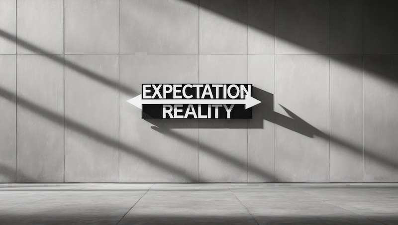 A wall displaying an opposite direction sign labeled EXPECTATION and REALITY, representing the disparity between anticipated outcomes and actual results, which influences positive and negative huma...