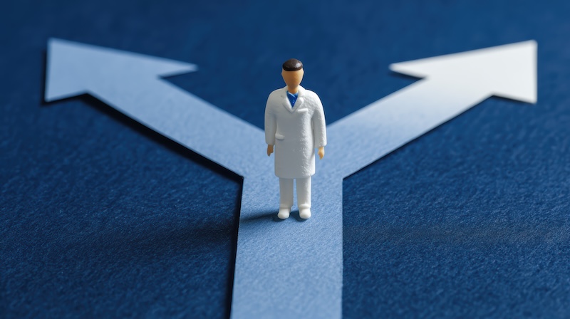 Paper cut style of doctor standing at crossroads between decision estate planning mandate