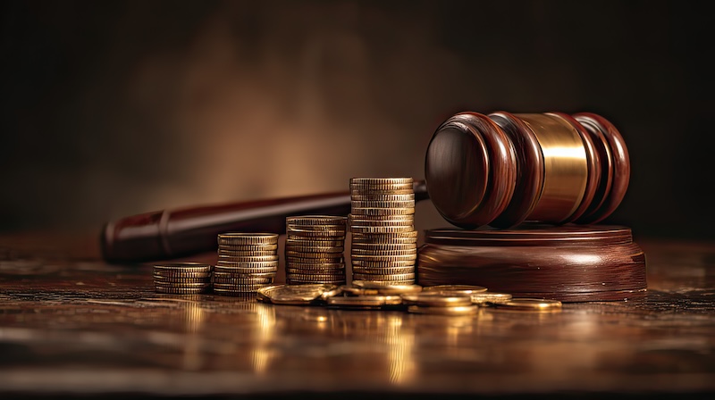 This image features a wooden gavel beside stacks of gold coins, symbolizing the connection between legal systems, financial outcomes, and economic authority.