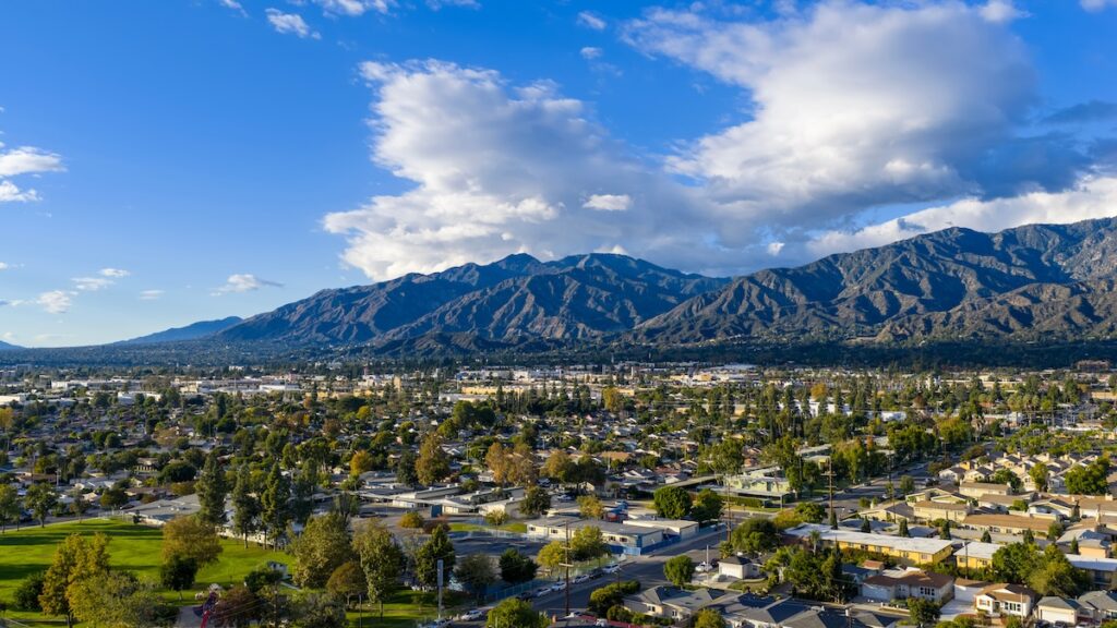 Aerial shot of the majestic San Gabriel Mountains in Duarte California USA