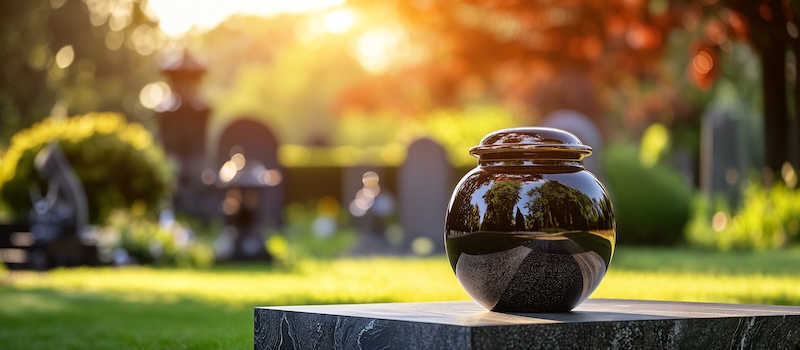 An urn with ashes stands in the cemetery. Funeral arrangements. Funeral services. AI Generative