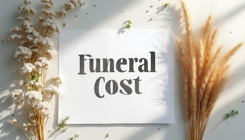 White paper shows text Funeral Cost. Dried white flowers on left golden wheat on right. Shadow patterns suggest daytime. Elegant arrangement hints at expense and planning.