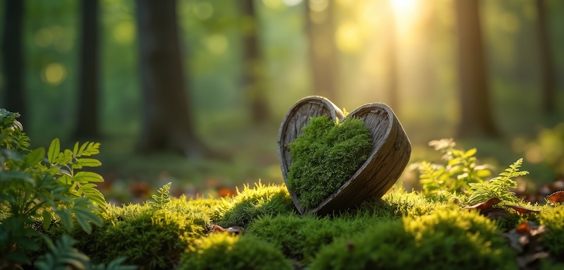 Wood heart lies on moss in green forest. Heart love, care. Sunlight in forest creates peaceful landscape. Backdrop shows burial site, nature connected with love death. Generative AI illustration.