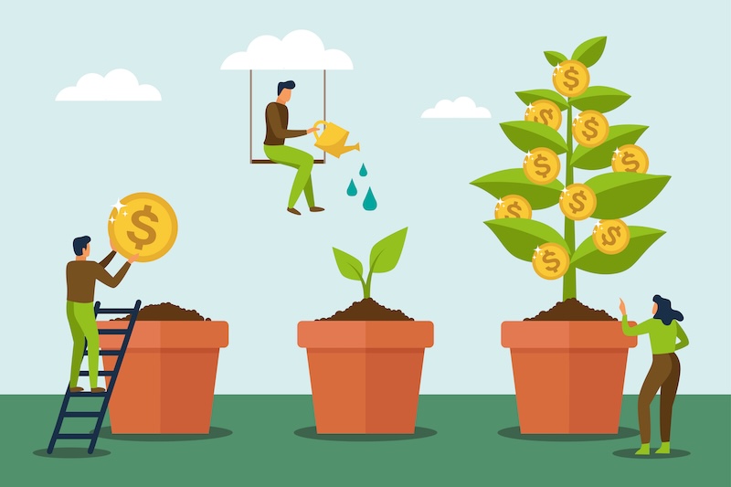 People watering money tree and grow up. Flat vector illustration