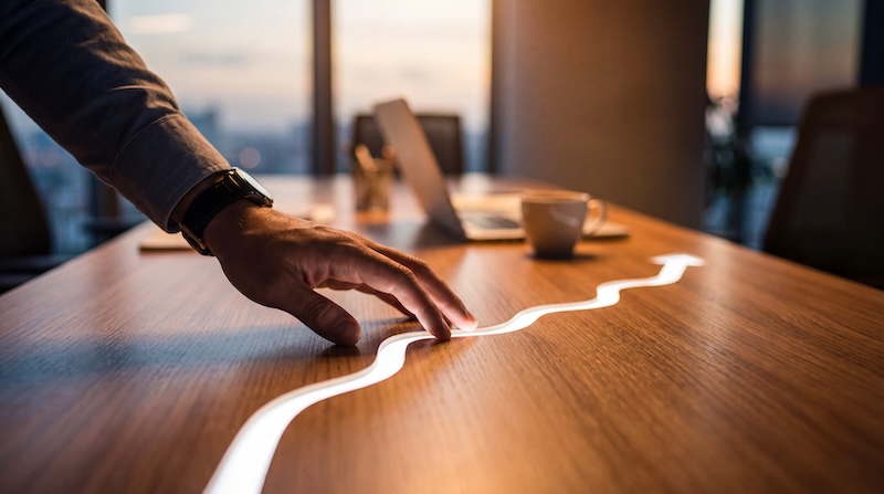 A close-up of a hand tracing a glowing arrow on a desk, symbolizing business growth and strategic planning. Excellent for corporate success stories.
