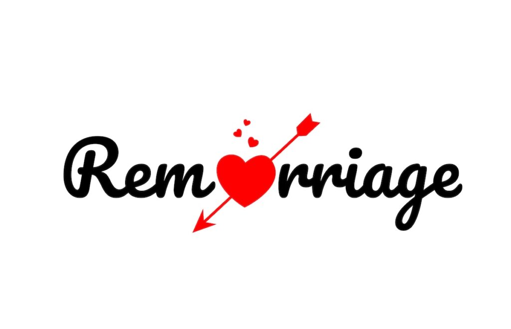 remarriage word text with red broken heart with arrow concept, suitable for logo or typography design