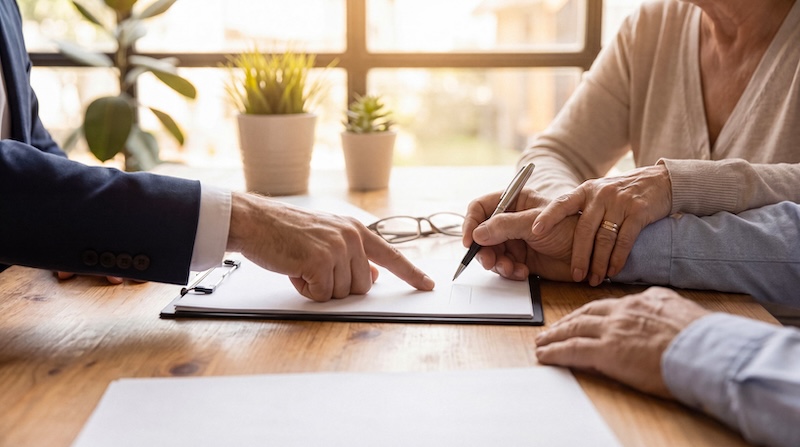 A couple signs legal documents on a clipboard, guided by a professional. This scene conveys trust and important decisions. For legal.