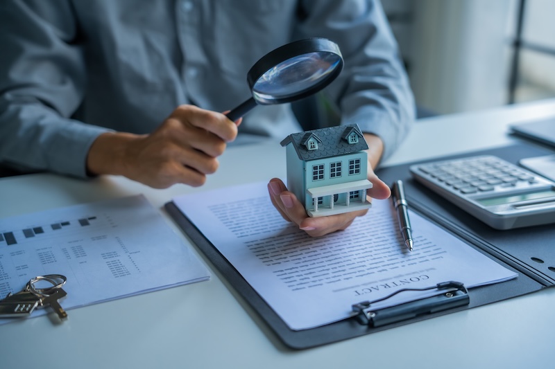 Asian businessman holding magnifying glass examine house model real estate invesment concept.