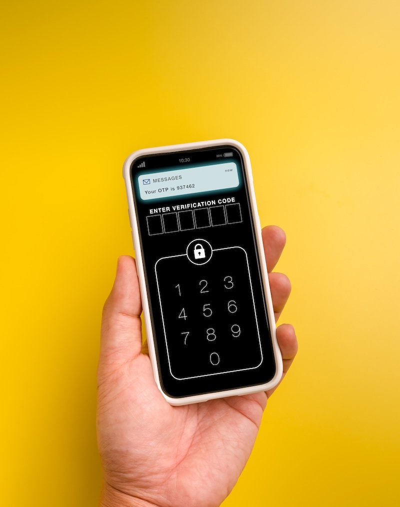Smartphone displaying OTP verification code for two factor authentication. Mobile security, digital identity protection, secure login process, user authentication, and data privacy secure technology.